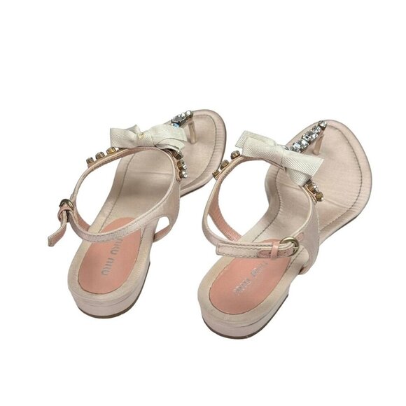 Vintage Miu Miu Sandals Sz.10 Pink Blush Crystal Embellished Bow Flats Designer - Picture 5 of 11